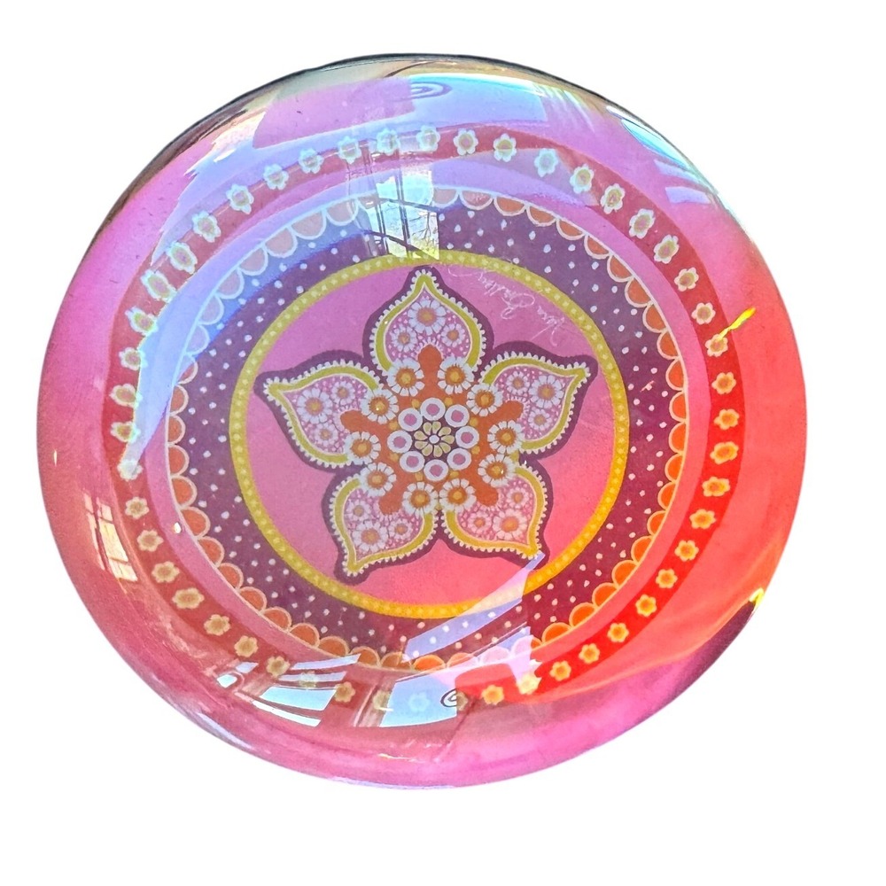 Vera Bradley Glass Paperweight Pink Orange Floral Mandala Pattern with Box‎